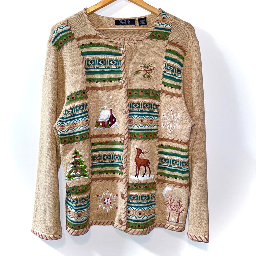 Vintage Crystal Kobe Holiday Novelty Cardigan Embroidered Beaded Appliqué L